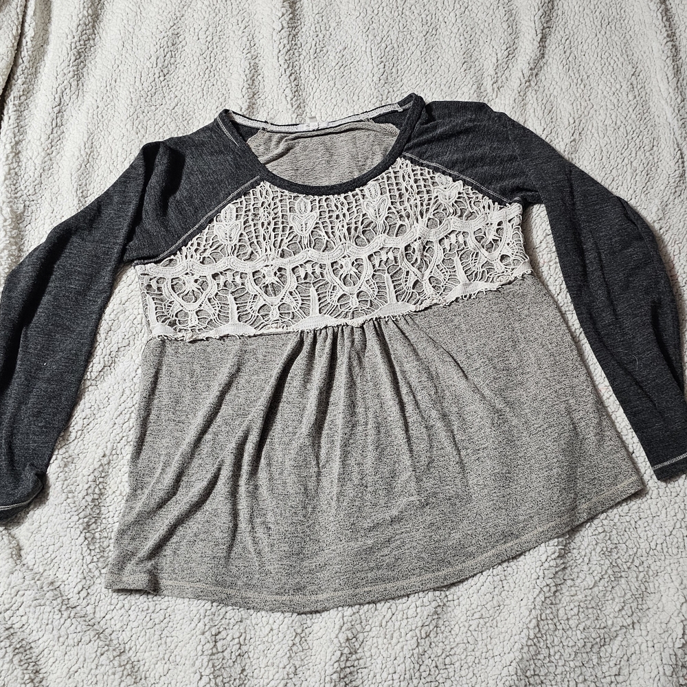 Maurices Charcoal and Light Gray Lace Long Sleeve Top